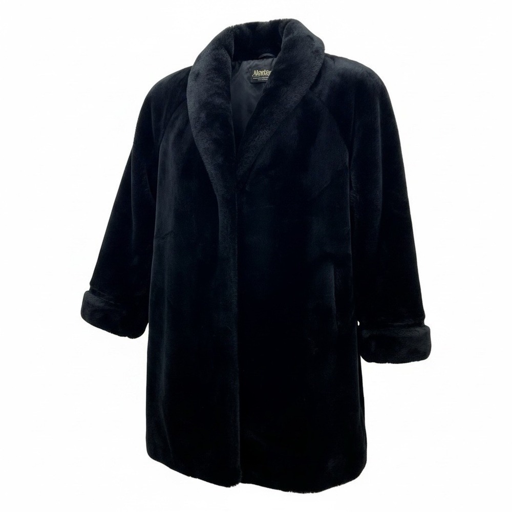 Monterey Fashions Sz XL PLUSH Luxurious Shawl Black Long Oversize Faux Fur Coat